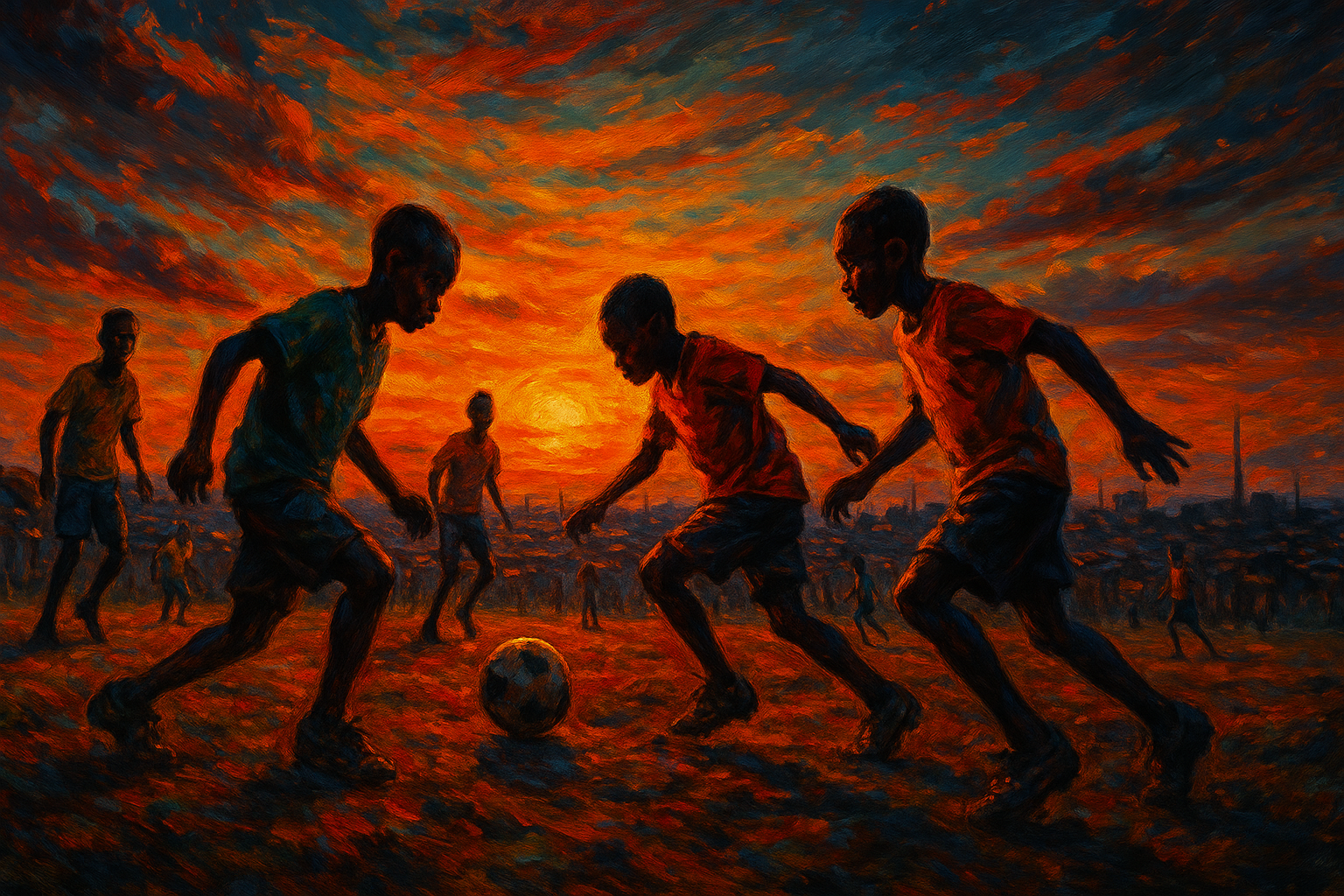 Kids playing soccer somewhere in the outskirts of Nairobi, Kenya, as imagined by chatGPT v5