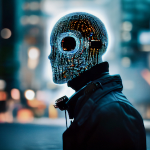 Cyborg listening to music in downtown area (AI-generated image, 2022)
