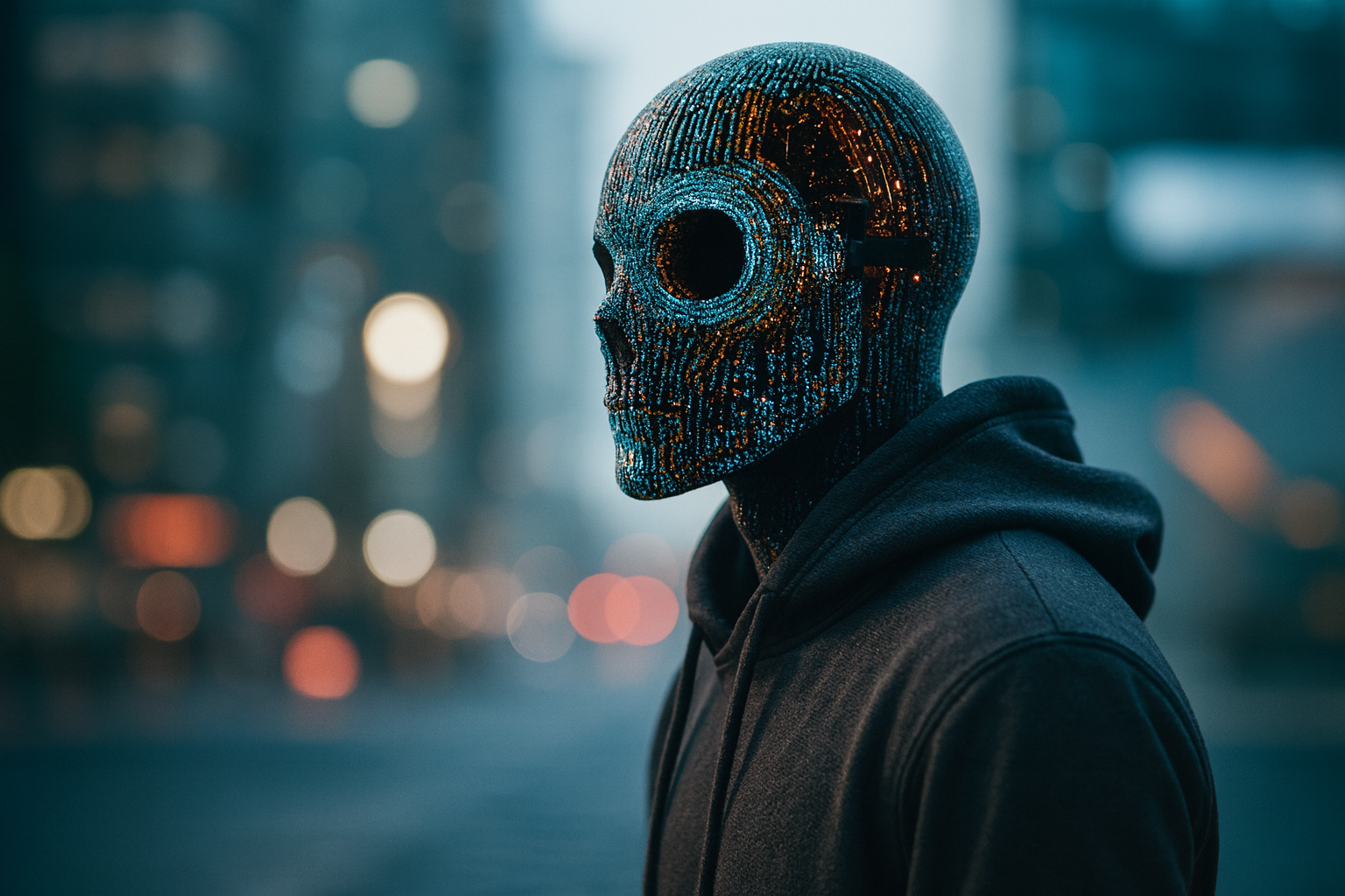Cyborg in downtown Vancouver (AI-generated image, 2022)